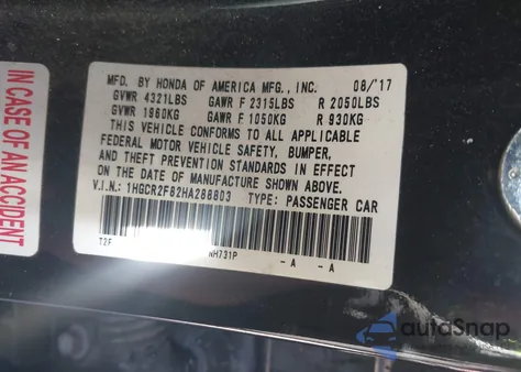 2017 Honda Accord Ex-L z USA, uszkodzony, nr VIN 1HGCR2F82HA288803